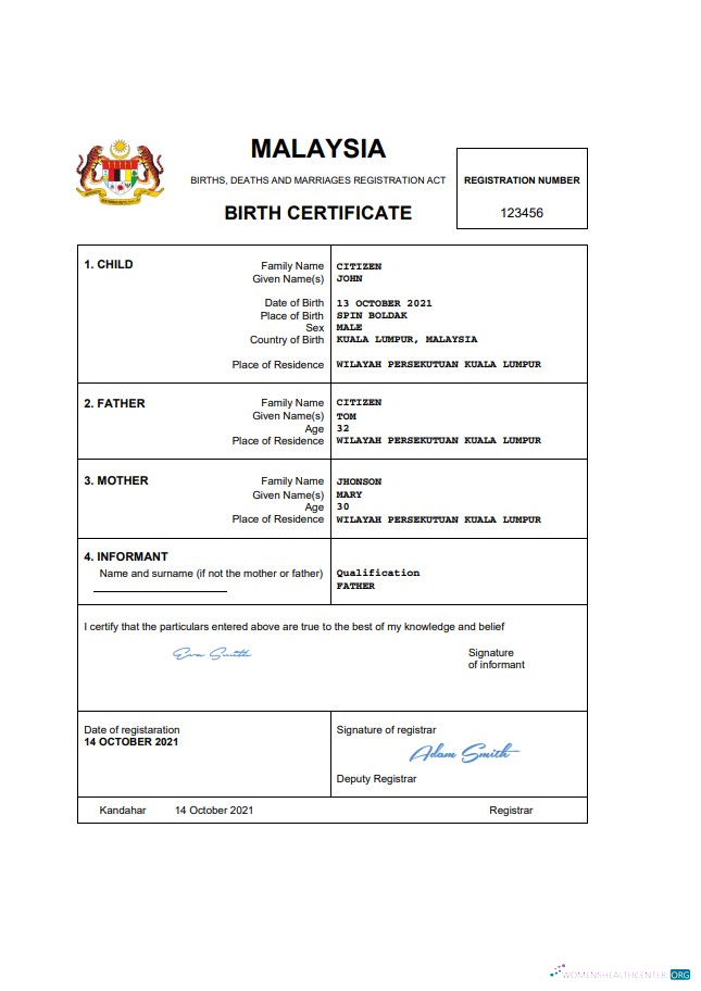 Download Malaysia vital record birth certificate Word and PDF template, completely editable Photoshop template